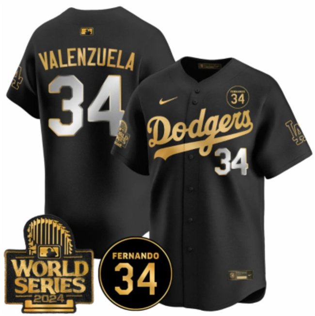 Men's Los Angeles Dodgers #34 Fernando Valenzuela Black/Gold 2024 World Series With Fernando Patch Vapor Limited Stitched Baseball Jersey Men's Los Angeles Dodgers #34 Fernando Valenzuela Black/Gold 2024 World Series With Fernando Patch Vapor Limited Stitched Baseball Jersey
